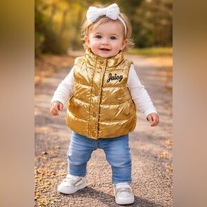 Juicy Couture Baby Gold Metallic Puffer Vest 12M ✨ Shiny Logo Snap Front